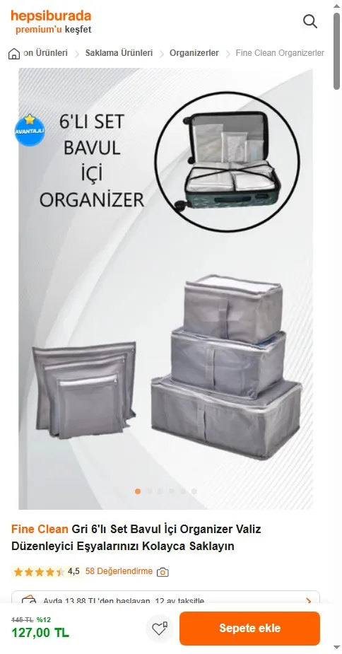 Fine Clean Gri 6'lı Set Bavul İçi Organizer Valiz Düzenleyici Eşyalarınızı Kolayca Saklayın