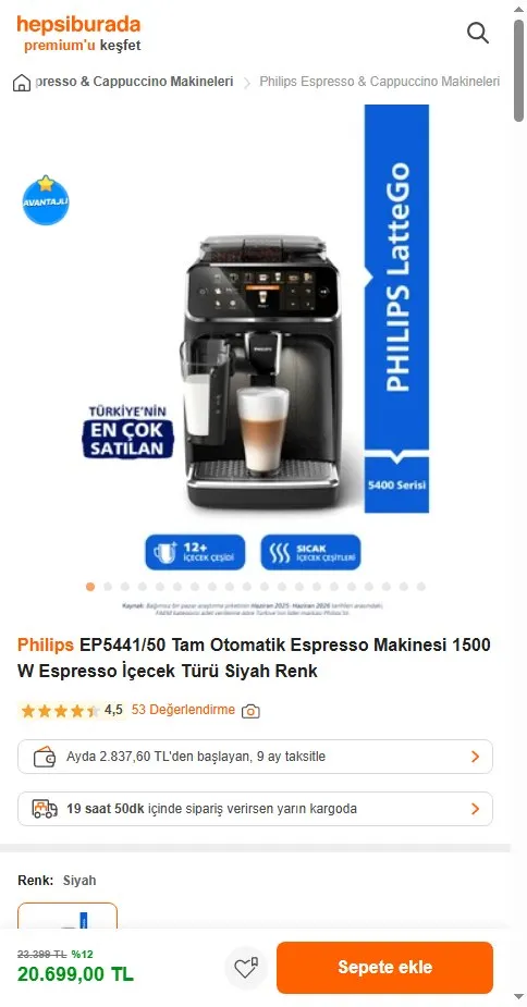 Philips EP5441/50 Tam Otomatik Espresso Makinesi 1500 W Espresso İçecek Türü Siyah Renk