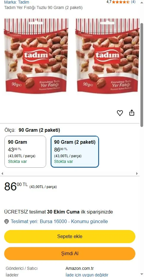 Tadım Yer Fıstığı Tuzlu 90 Gram (2 paketi)