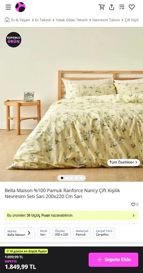 Bella Maison %100 Pamuk Ranforce Nancy Çift Kişilik Nevresim Seti Sarı 200x220 Cm Sarı