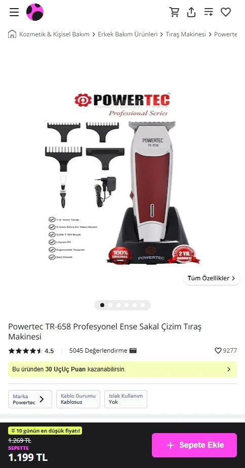 Powertec TR-658 Profesyonel Ense Sakal Çizim Tıraş Makinesi