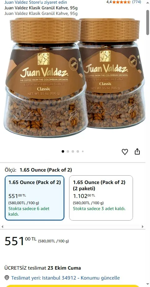 Juan Valdez Klasik Granül Kahve, 95g
