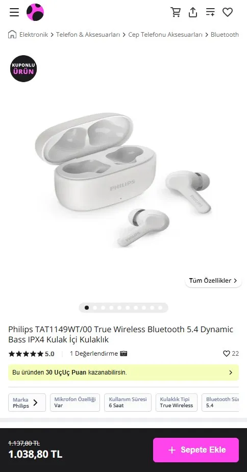 Philips TAT1149WT/00 True Wireless Bluetooth 5.4 Dynamic Bass IPX4 Kulak İçi Kulaklık