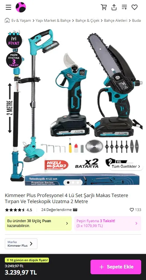 Kimmeer Plus Profesyonel 4 Lü Set Şarjlı Makas Testere Tırpan Ve Teleskopik Uzatma 2 Metre