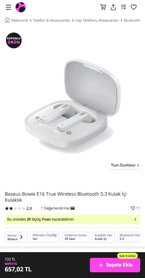 Baseus Bowie E16 True Wireless Bluetooth 5.3 Kulak İçi Kulaklık