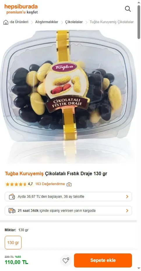 Tuğba Kuruyemiş Çikolatalı Fıstık Draje 130 gr