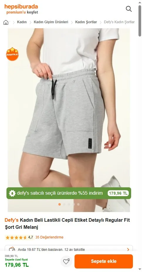 Defy's Kadın Beli Lastikli Cepli Etiket Detaylı Regular Fit Şort Gri Melanj