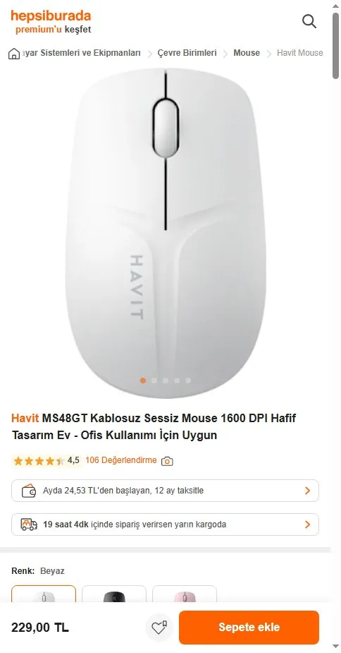 Havit MS48GT Kablosuz Sessiz Mouse 1600 DPI Hafif Tasarım Ev - Ofis Kullanımı İçin Uygun
