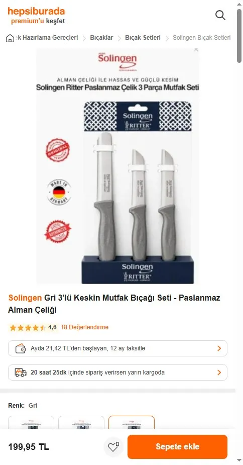 Solingen Gri 3'lü Keskin Mutfak Bıçağı Seti - Paslanmaz Alman Çeliği