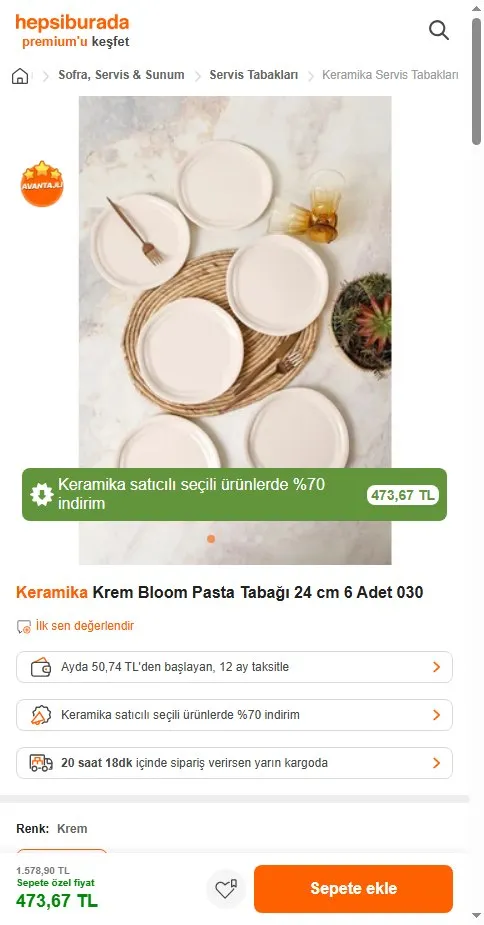 Keramika Krem Bloom Pasta Tabağı 24 cm 6 Adet 030