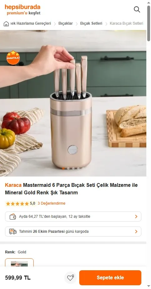 Karaca Mastermaid 6 Parça Bıçak Seti Çelik Malzeme ile Mineral Gold Renk Şık Tasarım