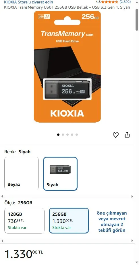 KIOXIA TransMemory U301 256GB USB Bellek – USB 3.2 Gen 1, Siyah