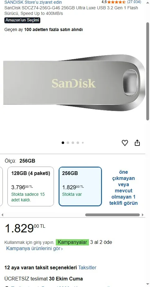 SanDisk SDCZ74-256G-G46 256GB Ultra Luxe USB 3.2 Gen 1 Flash Sürücü, Speed Up to 400MB/s