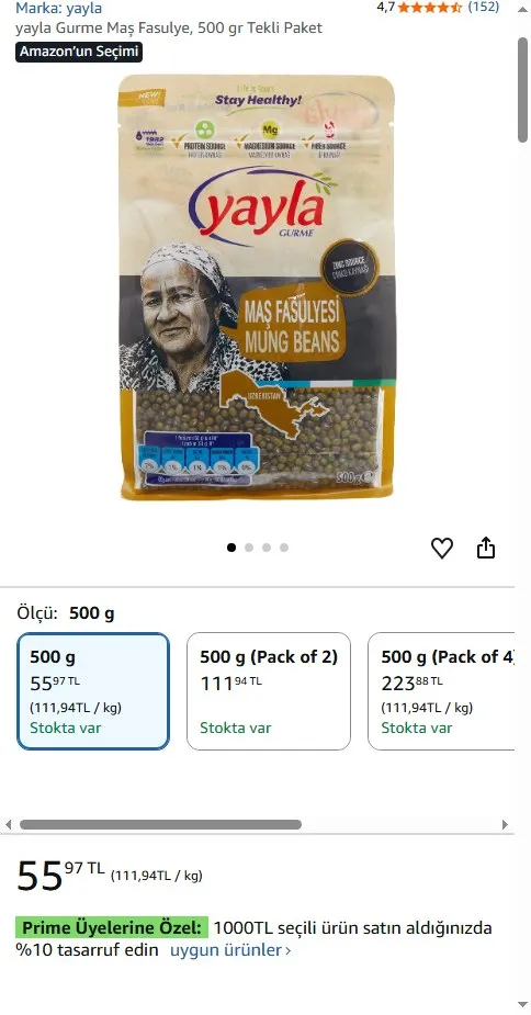 yayla Gurme Maş Fasulye, 500 gr Tekli Paket