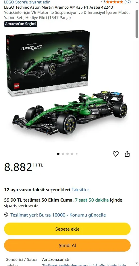 LEGO Technic Aston Martin Aramco AMR25 F1 Araba 42240