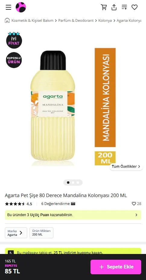 Agarta Pet Şişe 80 Derece Mandalina Kolonyası 200 ML