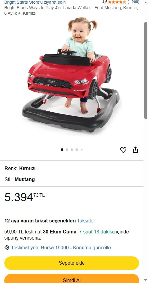 Bright Starts Ways to Play 4'ü 1 arada Walker - Ford Mustang, Kırmızı, 6 Aylık +, Kırmızı