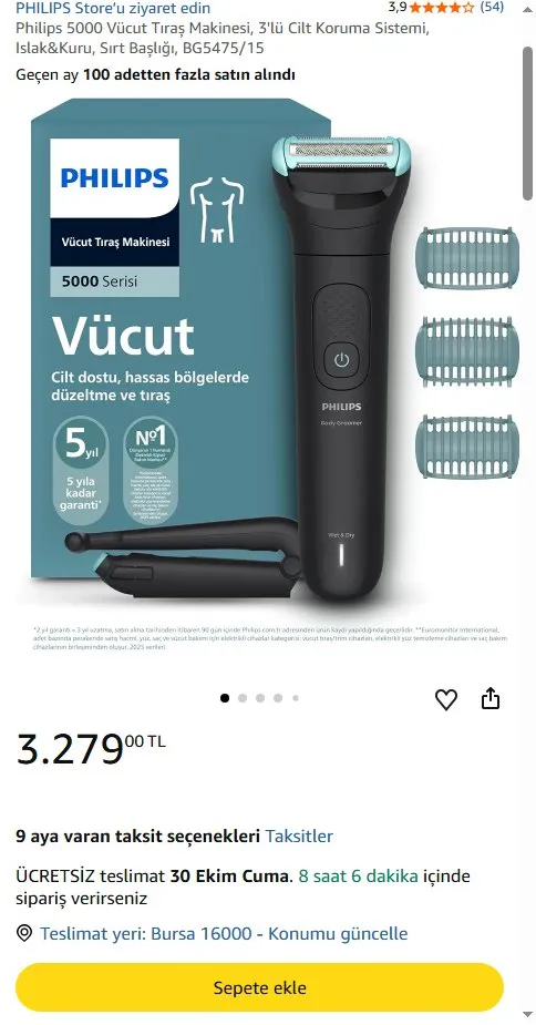 Philips 5000 Vücut Tıraş Makinesi, 3'lü Cilt Koruma Sistemi, Islak&Kuru, Sırt Başlığı, BG5475/15
