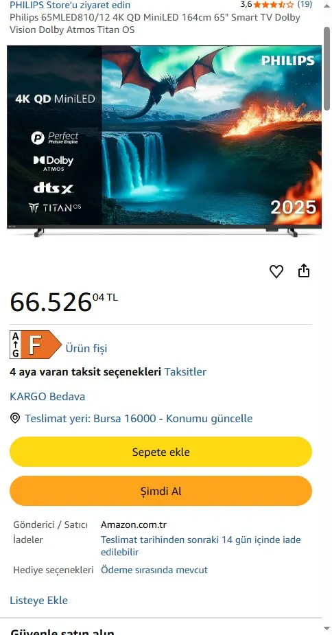 Philips 65MLED810/12 4K QD MiniLED 164cm 65" Smart TV Dolby Vision Dolby Atmos Titan OS