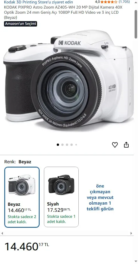 KODAK PIXPRO Astro Zoom AZ405-WH 20 MP Dijital Kamera 40X Optik Zoom 24 mm Geniş Açı 1080P Full HD Video ve 3 inç LCD (Beyaz)