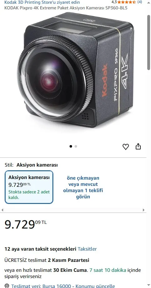 KODAK Pixpro 4K Extreme Paket Aksiyon Kamerası SP360-BL5