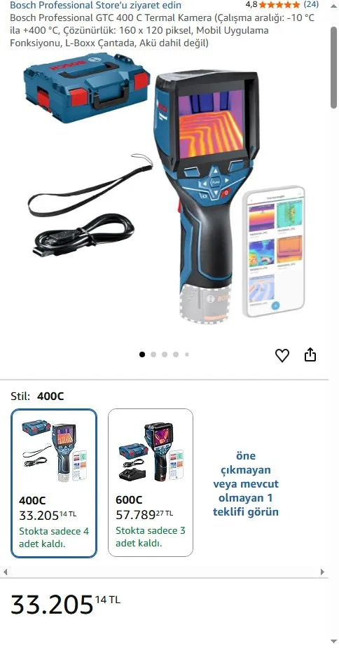 Bosch Professional GTC 400 C Termal Kamera (Çalışma aralığı: -10 °C ila +400 °C, Çözünürlük: 160 x 120 piksel, Mobil Uygulama Fonksiyonu, L-Boxx Çantada, Akü dahil değil)