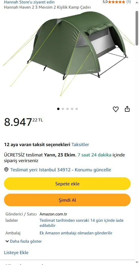 Hannah Haven 2 3 Mevsim 2 Kişilik Kamp Çadırı