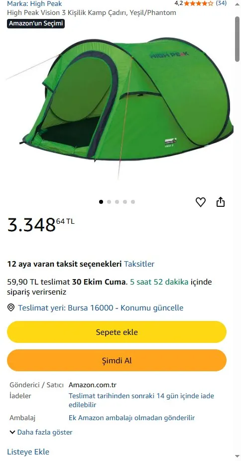 High Peak Vision 3 Kişilik Kamp Çadırı, Yeşil/Phantom
