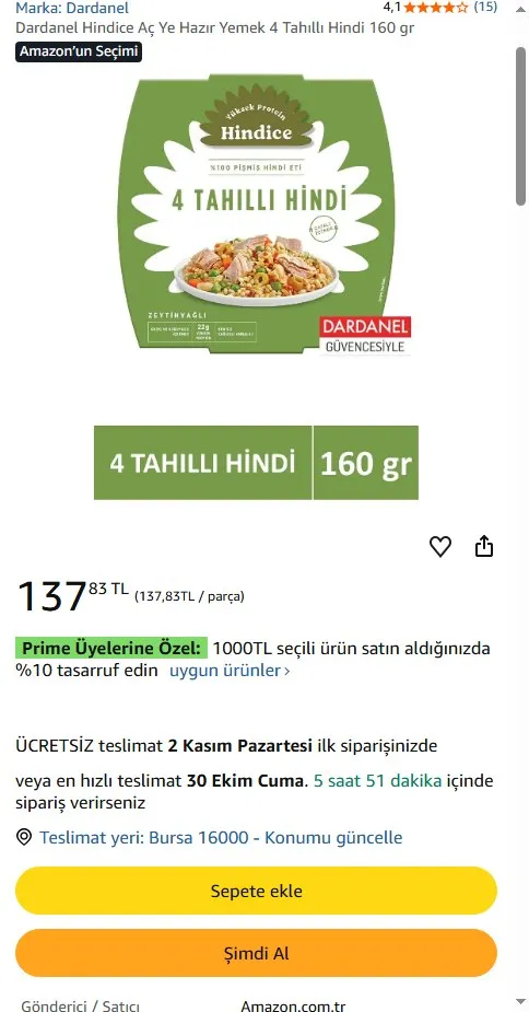 Dardanel Hindice Aç Ye Hazır Yemek 4 Tahıllı Hindi 160 gr