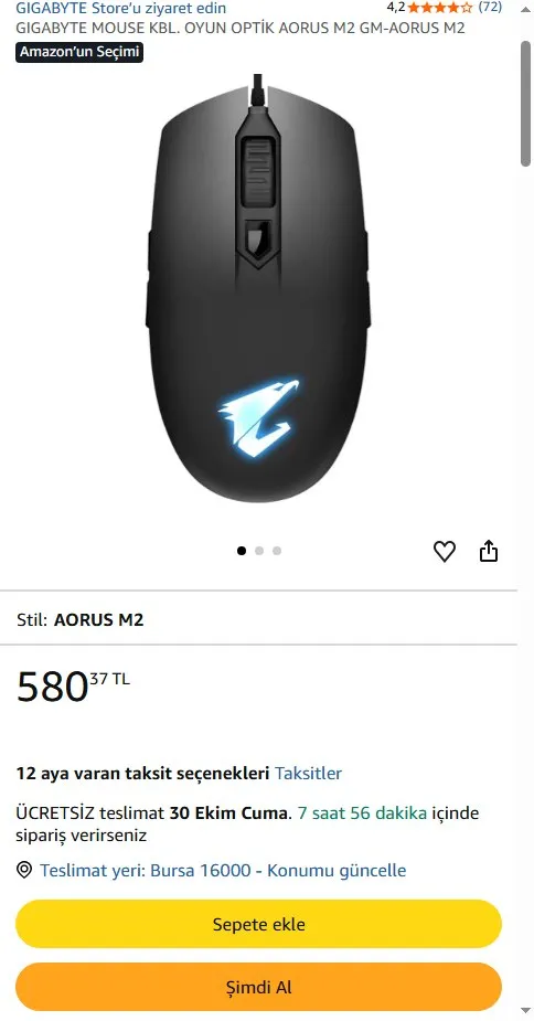 GIGABYTE MOUSE KBL. OYUN OPTİK AORUS M2 GM-AORUS M2