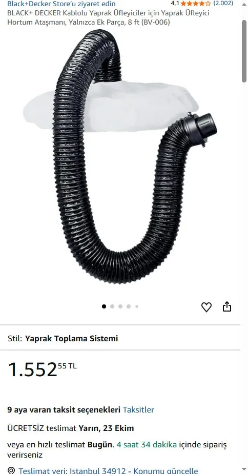 BLACK+ DECKER Kablolu Yaprak Üfleyiciler için Yaprak Üfleyici Hortum Ataşmanı, Yalnızca Ek Parça, 8 ft (BV-006)