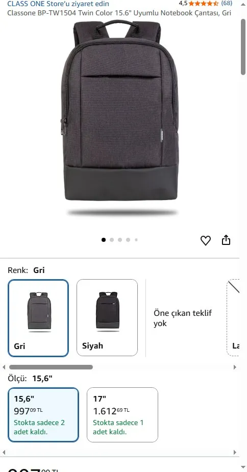 Classone BP-TW1504 Twin Color 15.6" Uyumlu Notebook Çantası, Gri