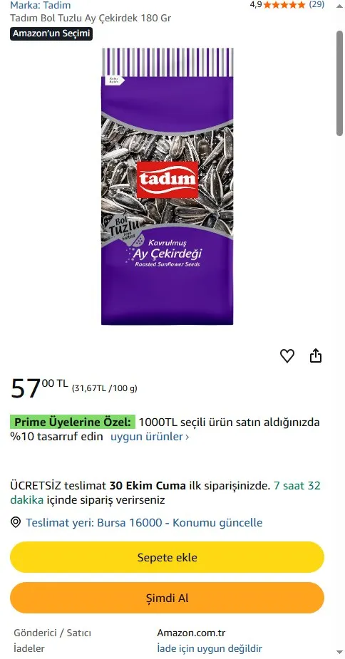 Tadım Bol Tuzlu Ay Çekirdek 180 Gr