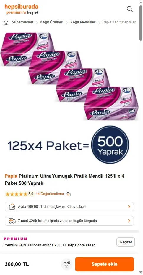 Papia Platinum Ultra Yumuşak Pratik Mendil 125'li x 4 Paket 500 Yaprak