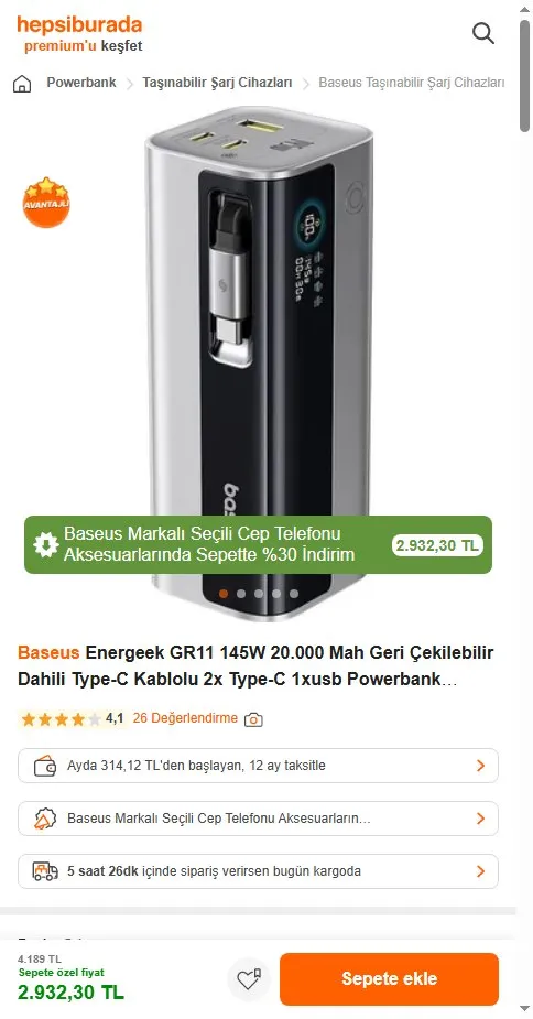 Baseus Energeek GR11 145W 20.000 Mah Geri Çekilebilir Dahili Type-C Kablolu 2x Type-C 1xusb Powerbank titanyum gri