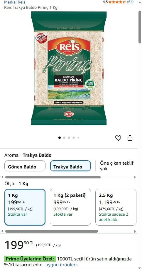 Reis Trakya Baldo Pirinç 1 Kg