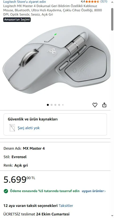 Logitech MX Master 4 Dokunsal Geri Bildirim Özellikli Kablosuz Mouse, Bluetooth, Ultra Hızlı Kaydırma, Çoklu Cihaz Özelliği, 8000 DPI, Optik Sensör, Sessiz, Açık Gri