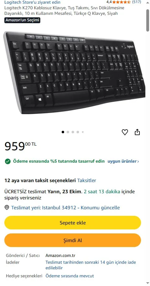 Logitech K270 Kablosuz Klavye, Tuş Takımı, Sıvı Dökülmesine Dayanıklı, 10 m Kullanım Mesafesi, Türkçe Q Klavye, Siyah