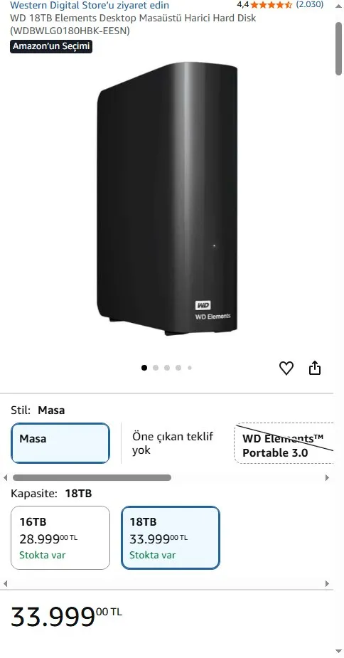 WD 18TB Elements Desktop Masaüstü Harici Hard Disk (WDBWLG0180HBK-EESN)