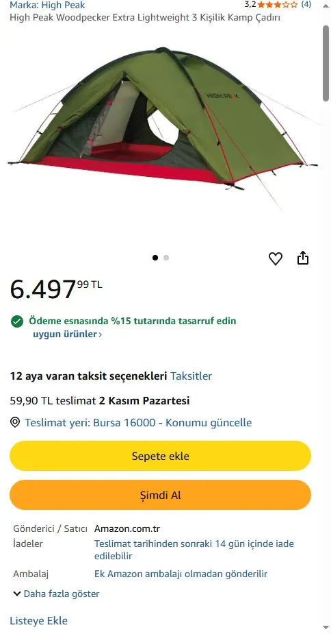 High Peak Woodpecker Extra Lightweight 3 Kişilik Kamp Çadırı