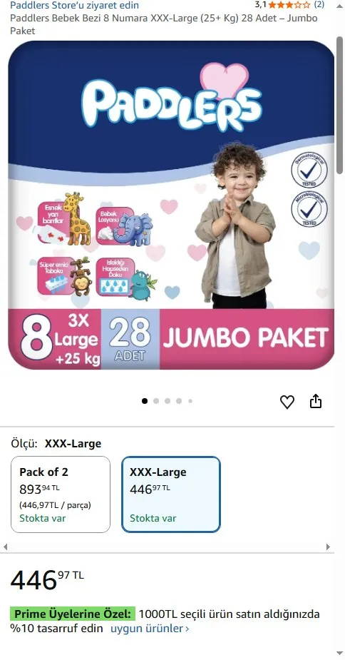 Paddlers Bebek Bezi 8 Numara XXX-Large (25+ Kg) 28 Adet – Jumbo Paket