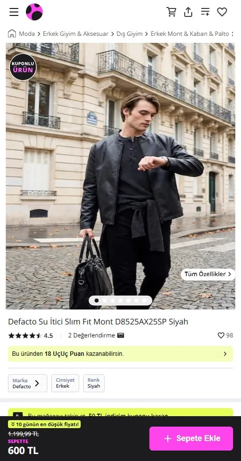 Defacto Su İtici Slım Fıt Mont D8525AX25SP Siyah