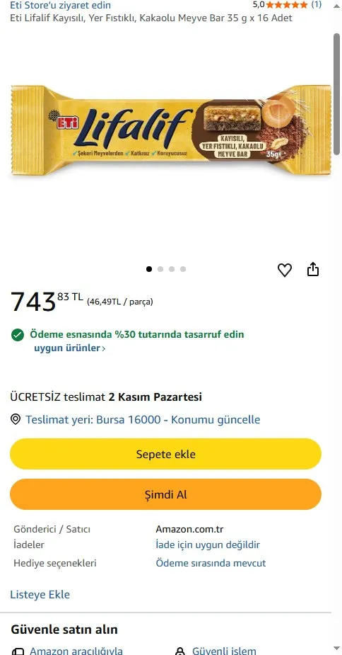 Eti Lifalif Kayısılı, Yer Fıstıklı, Kakaolu Meyve Bar 35 g x 16 Adet