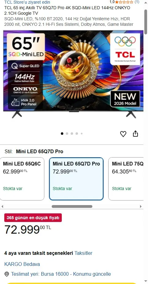 TCL 65 inç Akıllı TV 65Q7D Pro 4K SQD-Mini LED 144Hz ONKYO 2.1CH Google TV