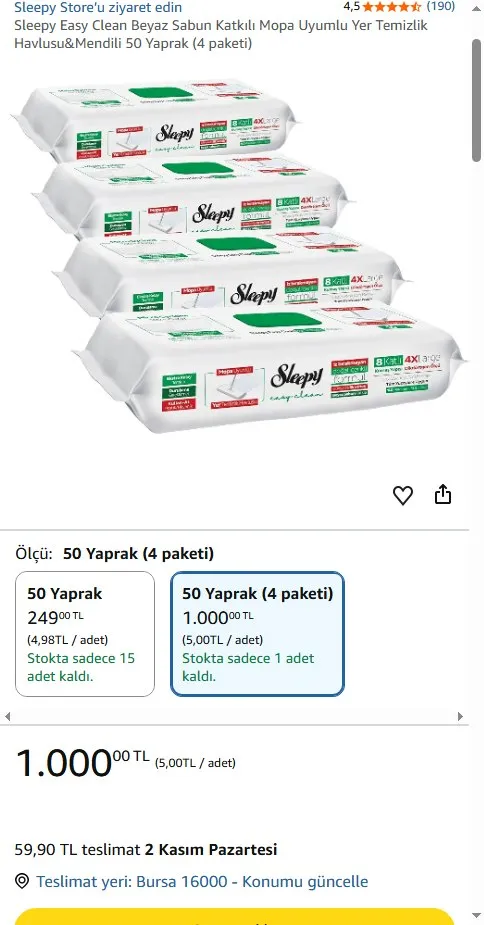 Sleepy Easy Clean Beyaz Sabun Katkılı Mopa Uyumlu Yer Temizlik Havlusu&Mendili 50 Yaprak (4 paketi)