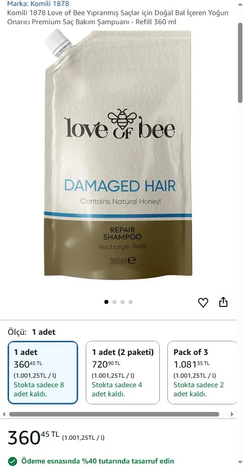 Komili 1878 Love of Bee Yıpranmış Saçlar için Doğal Bal İçeren Yoğun Onarıcı Premium Saç Bakım Şampuanı - Refill 360 ml