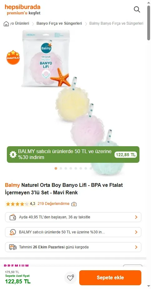 Balmy Naturel Orta Boy Banyo Lifi - BPA ve Ftalat İçermeyen 3'lü Set - Mavi Renk