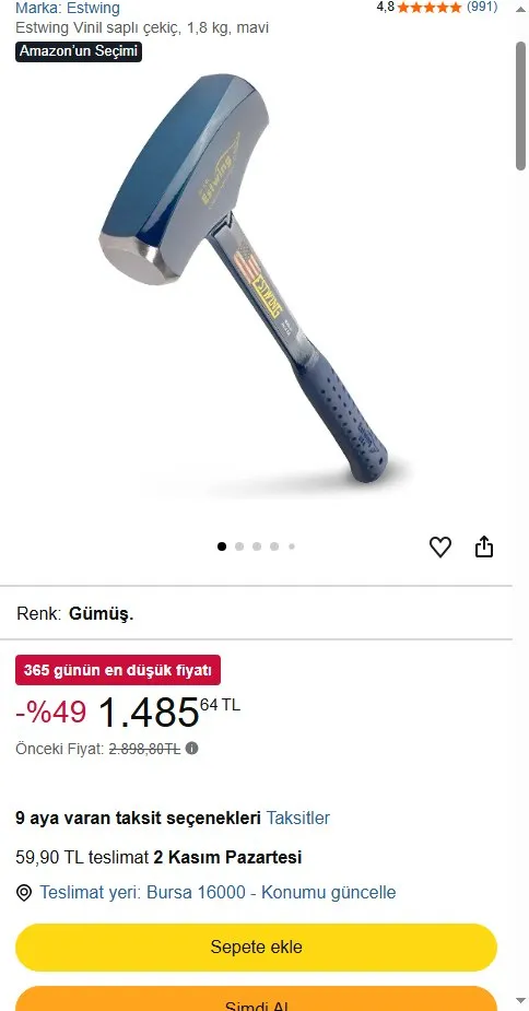 Estwing Vinil saplı çekiç, 1,8 kg, mavi