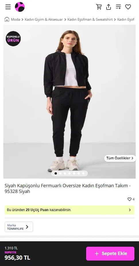 Siyah Kapüşonlu Fermuarlı Oversize Kadın Eşofman Takım - 95328 Siyah