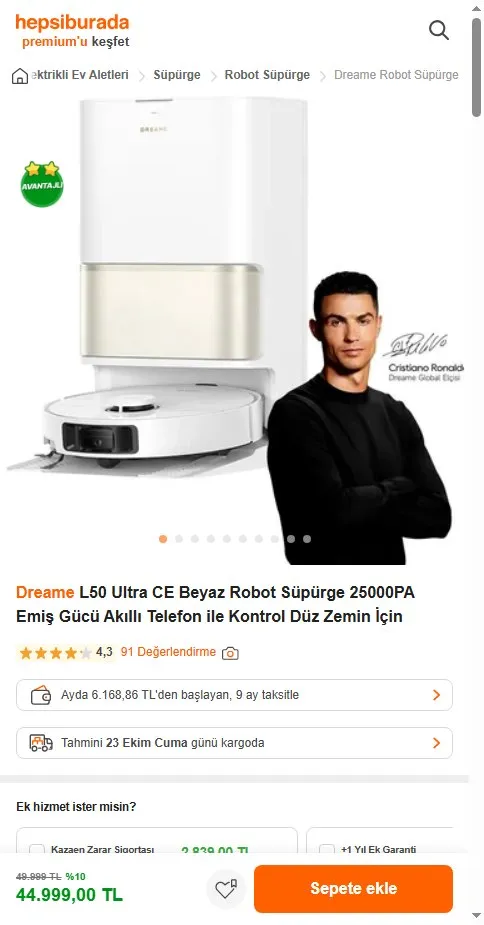 Dreame L50 Ultra CE Beyaz Robot Süpürge 25000PA Emiş Gücü Akıllı Telefon ile Kontrol Düz Zemin İçin